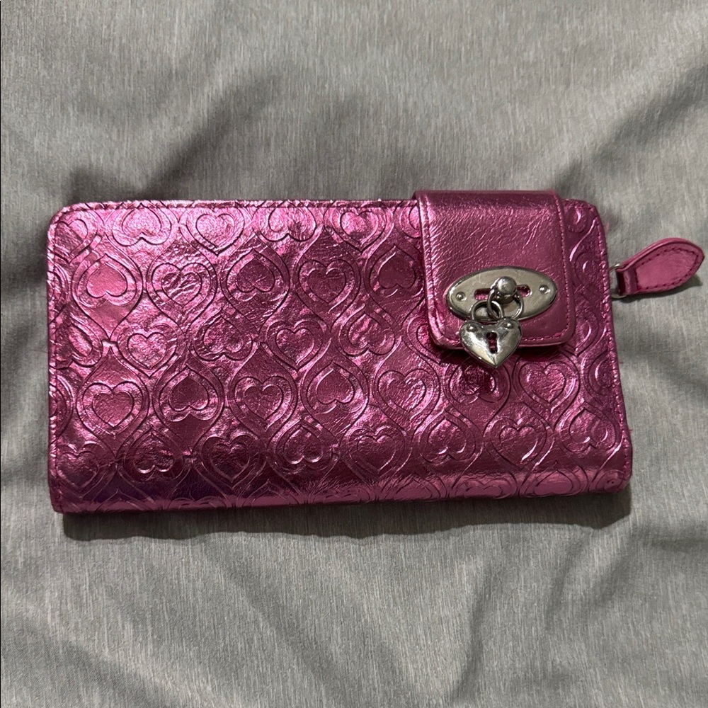 Metallic Pink Heart-Embossed Wallet with Heart Lock